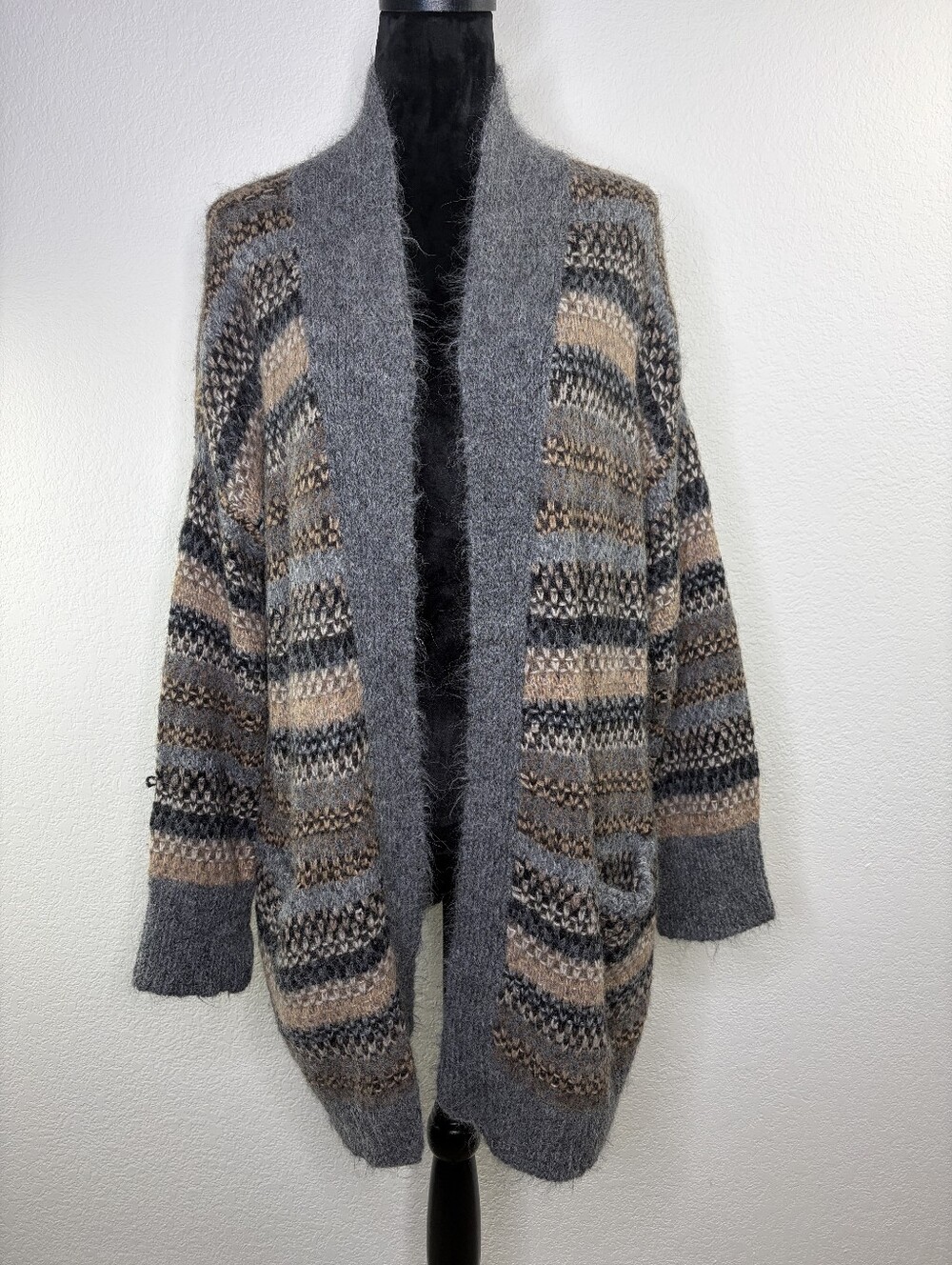 Peruvian Connection Alpaca Wool Blend Open Duster Gray Brown Stripe Cardigan L